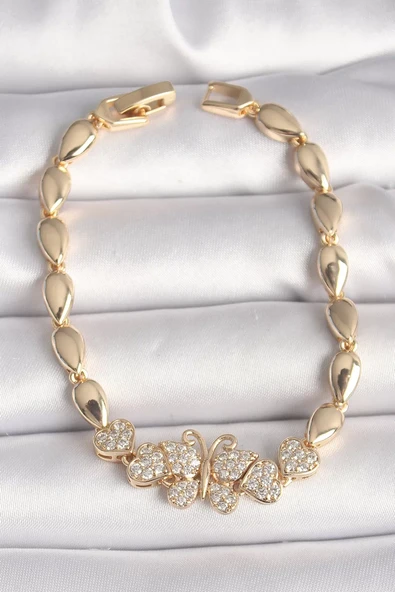 Pirinç Gold Renk Zirkon Taşlı Kelebek Figür Damla Zincir Model Kadın Bileklik - TJ-BB6840 ürün görseli 1