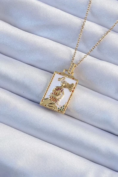 316L Çelik Zincir Altın Renk Beyaz Mineli Tarot Kolye - TJ-BKO9249 ürün görseli 1