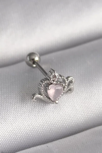 316L Çelik Gümüş Renk Pembe Mineli Kalp Zirkon Taş Detay Tragus Piercing - TJ-PR1261 ürün görseli 1