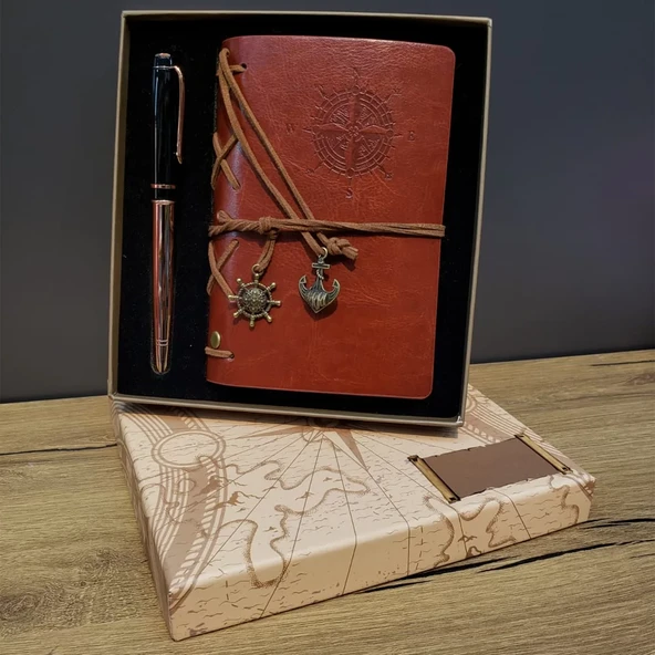 Deri Pusula Tasarımlı Defter Ve Metal Kalem Seti ürün görseli 1