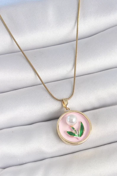 316L Çelik Gold Renk Zincir Pembe Mineli İncili Çiçek İşlemeli Portre Model Kadın Kolye - TJ-BKO10169 ürün görseli 1