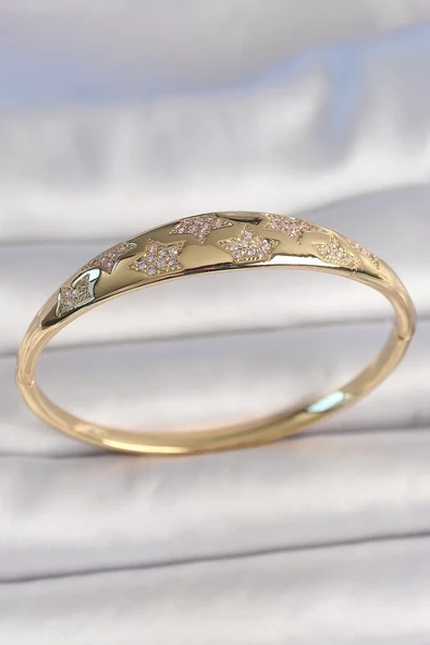 Pirinç Gold Renk Zirkon Taşlı Yıldız İşlemeli Kadın Kelepçe - TJ-BB6918 ürün görseli 1