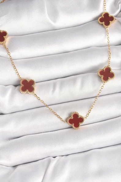 316L Çelik Gold Renk Zincir Bordo Yonca Model Kadın Kolye - TJ-BKO9926 ürün görseli 1