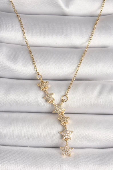 316L Çelik Gold Renk Zincir Zirkon Taşlı Yıldız Model Kadın Kolye - TJ-BKO9903 ürün görseli 1