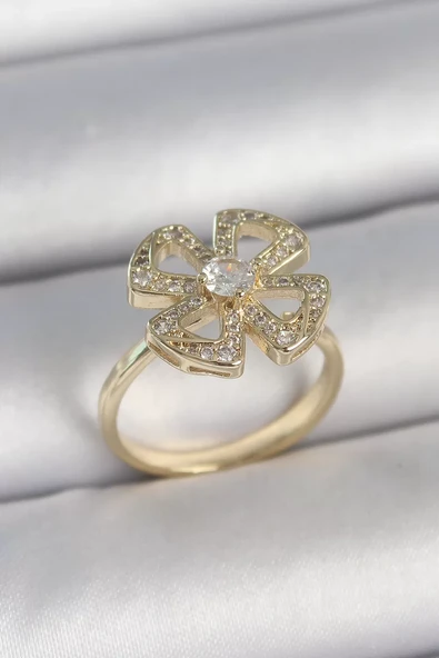 Pirinç Gold Renk Zirkon Taşlı Yonca Model Ayarlanabilir Kadın Yüzük - TJ-BYK3719 ürün görseli 1