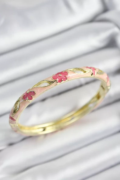 Mineli Pirinç Pembe Çiçek Motifli Gold Renk Kadın Kelepçe - TJ-BB7372 ürün görseli 1