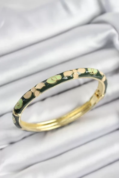 Mineli Pirinç Krem Ve Yeşil Çiçek Motifli Gold Renk Kadın Kelepçe - TJ-BB7400 ürün görseli 1