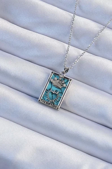 316L Çelik Zincir Gümüş Renk Zirkon Taşlı Mavi Mermer Desenli Taç Model Tarot Kolye - TJ-BKO9244 ürün görseli 1