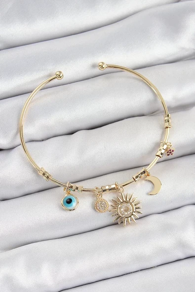 Pirinç Zirkon Taşlı Güneş Ay Nazar Model Gold Renk Charm Bileklik - TJ-BB7354 ürün görseli 1
