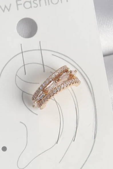 Pirinç Gold Renk Zirkon Taşlı 3'Lü Sıralı Model Kadın Kıkırdak Küpe - TJ-BKP10580 ürün görseli 1