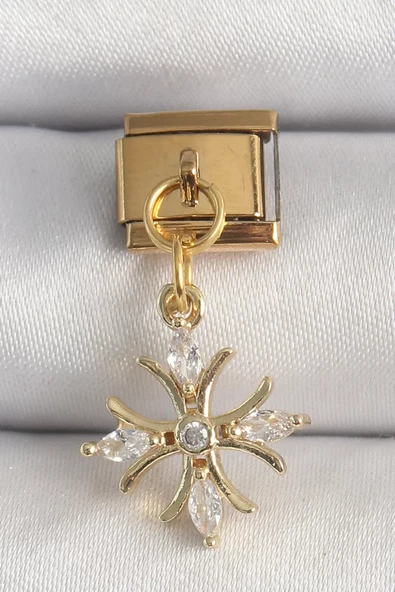 316L Çelik Gold Renk Sallantı Zirkon Taşlı Kar Tanesi Model Nomination Charm - TJ-BC1341 ürün görseli 1