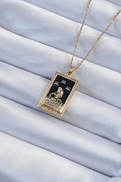 316L Çelik Zincir Altın Renk Zirkon Taşlı Siyah Mineli Kız Figürlü Tarot Kolye - TJ-BKO9227 ürün görseli 1