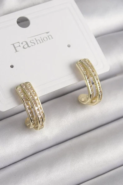 Pirinç Gold Renk Zirkon Taşlı Yarım Halka Model Kadın Küpe - TJ-BKP9977 ürün görseli 1