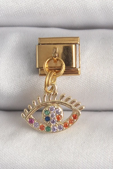 316L Çelik Gold Renk Sallantı Renkli Zirkon Taşlı Göz Model Nomination Charm - TJ-BC1343 ürün görseli 1