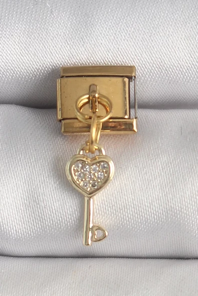 316L Çelik Gold Renk Sallantı Zirkon Taşlı Kalpli Anahtar Model Nomination Charm - TJ-BC1371 ürün görseli 1