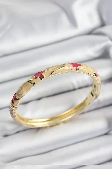 Mineli Pirinç Pembe Ve Krem Çiçek Motifli Gold Renk Kadın Kelepçe - TJ-BB7370 ürün görseli 1