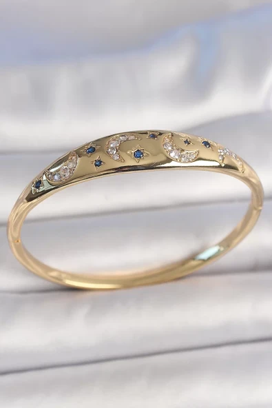 Pirinç Gold Renk Zirkon Taşlı Hilal İşleme Mavi Taşlı Yıldız Detay Kadın Kelepçe - TJ-BB6920 ürün görseli 1