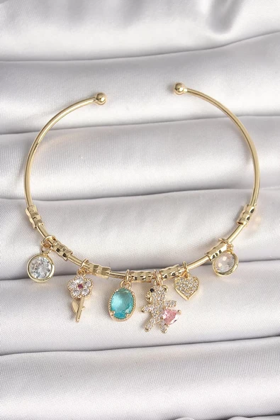 Pirinç Gold Renk Sallantı Zirkon Taşlı AYıcık Figür Kalp Detay Charm Kadın Bileklik - TJ-BB6894 ürün görseli 1