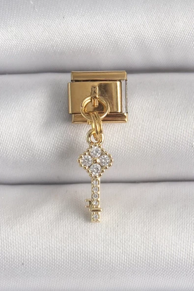316L Çelik Gold Renk Sallantı Zirkon Taşlı Anahtar Model Nomination Charm - TJ-BC1338 ürün görseli 1