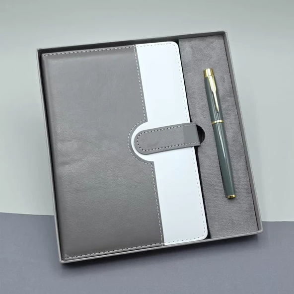 Gri Kutulu Deri Defter Roller Kalem Set ürün görseli 1