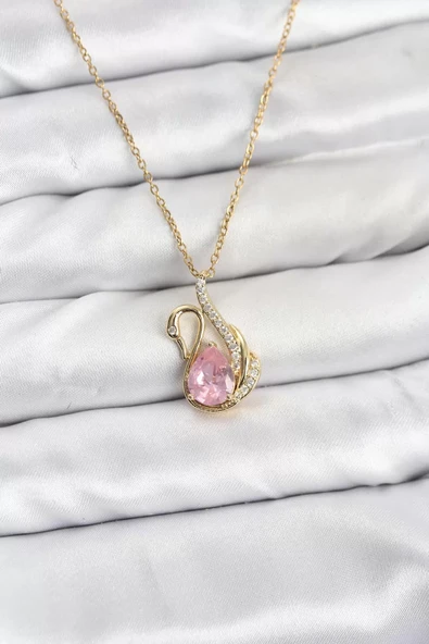 316L Çelik Zincir Gold Renk Pembe Kuğu Model Zirkon Taşlı Kadın Kolye - TJ-BKO10867 ürün görseli 1