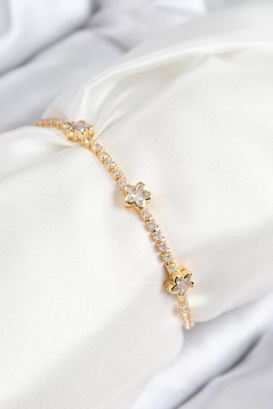 Pirinç Zirkon Taşlı Yıldız Model Gold Renk Asansörlü Kadın Bileklik - TJ-BB7737 ürün görseli 1