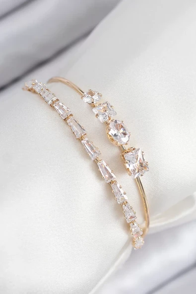 Pirinç Zirkon Taşlı Su Yolu Model Gold Renk Kadın Bileklik - TJ-BB7865 ürün görseli 1