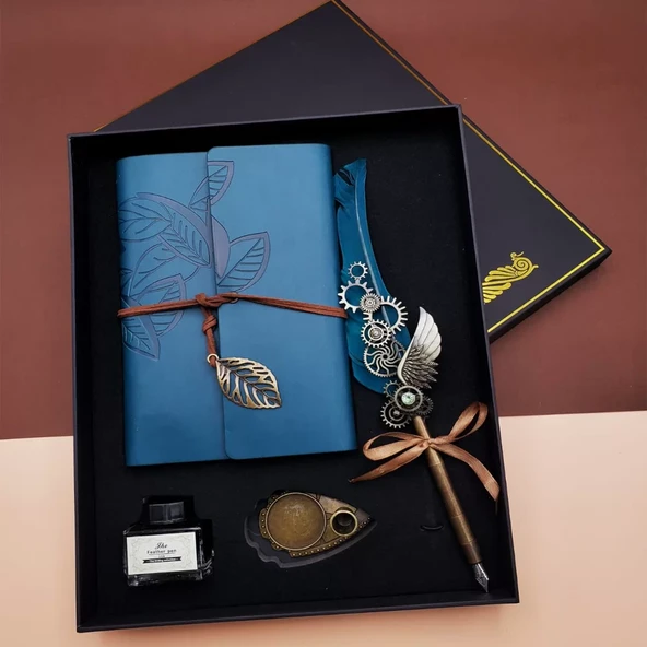 Kaligrafi Kalem Ve Vintage Tasarım Deri Defter Mavi ürün görseli 1