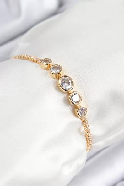 Pirinç Zirkon Taşlı Sıralı Daire Model Gold Renk Asansörlü Kadın Bileklik - TJ-BB7719 ürün görseli 1
