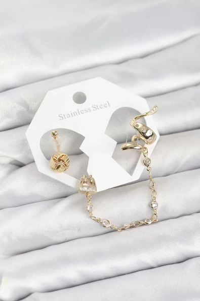 Pirinç Gold Renk Yılan Model Zincir Bağlantılı Ear Cuff Küpe Seti - TJ-BKP11532 ürün görseli 1