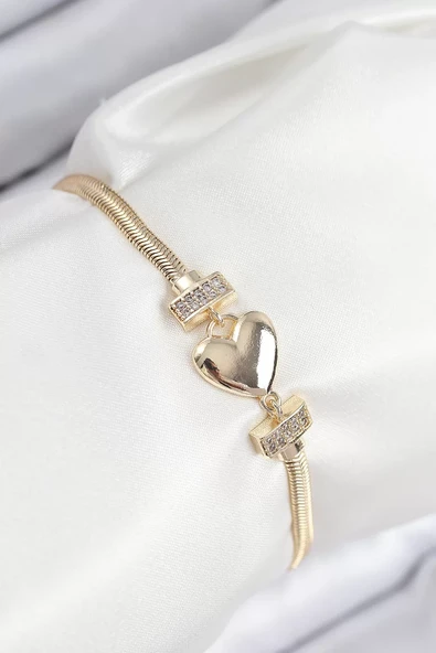 Pirinç Zirkon Taşlı Kalp Model Gold Renk Kadın Bileklik - TJ-BB7901 ürün görseli 1