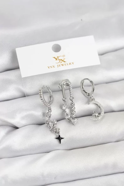 Pirinç Gümüş Renk Zirkon Taşlı Uzay Model YSX Trio Küpe Seti - TJ-BKP11569 ürün görseli 1