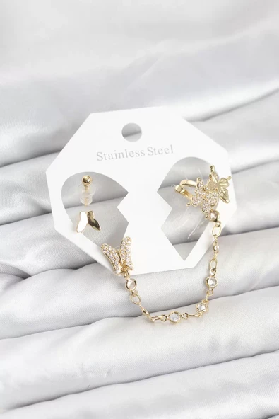 Pirinç Gold Renk Kelebek Model Zincir Bağlantılı Ear Cuff Küpe Seti - TJ-BKP11534 ürün görseli 1