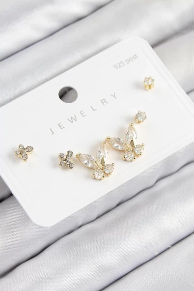 Pirinç Zirkon Taşlı Kelebek Model Gold Renk 925 Ayar Gümüş Çivi Kadın Küpe Set - TJ-BKP11166 ürün görseli 1