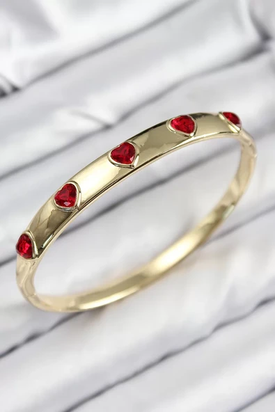 Pirinç Zirkon Taşlı Kırmızı Kalp Model Gold Renk Kadın Kelepçe - TJ-BB7683 ürün görseli 1
