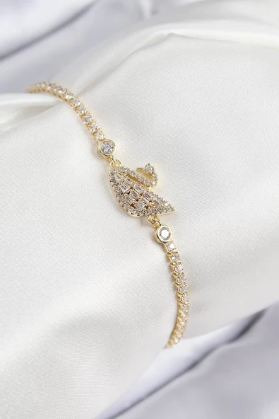 Pirinç Zirkon Taşlı Kuğu Model Gold Renk Kadın Bileklik - TJ-BB7691 ürün görseli 1