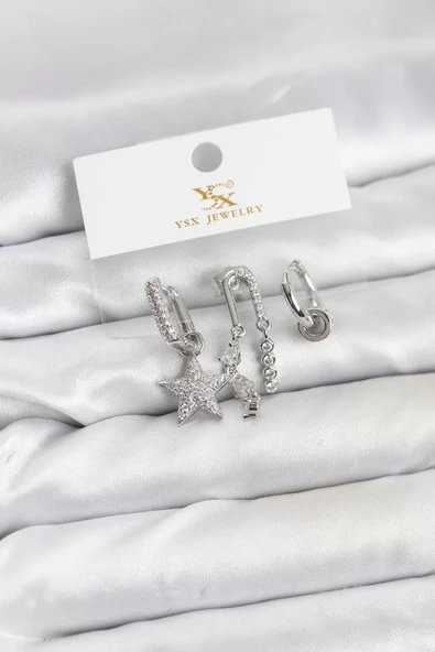 Pirinç Gümüş Renk Zirkon Taşlı Yıldız Vintage Model YSX Trio Küpe Seti - TJ-BKP11563 ürün görseli 1