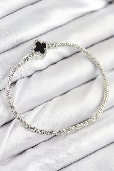 Pirinç Charm Zirkon Taşlı Yonca Model Gümüş Renk Kadın Bileklik - TJ-BB7800 ürün görseli 1