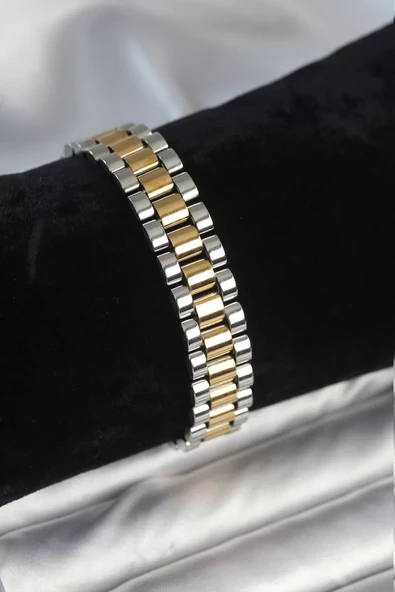 316L Çelik Gold ve Gümüş Renk 12 mm Kalınlık Erkek Bileklik - TJ-EB3775 ürün görseli 1