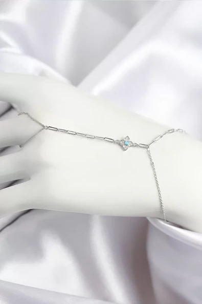 Pirinç Zirkon Taşlı Mavi Boncuklu Yonca Model Gümüş Renk Şahmeran - TJ-SN720 ürün görseli 1