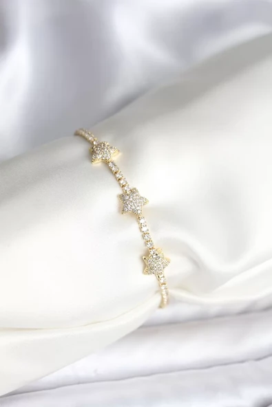 Yıldız Model Zirkon Taşlı Gold Renk Pirinç Su Yolu Kadın Bileklik - TJ-BB8096 ürün görseli 1