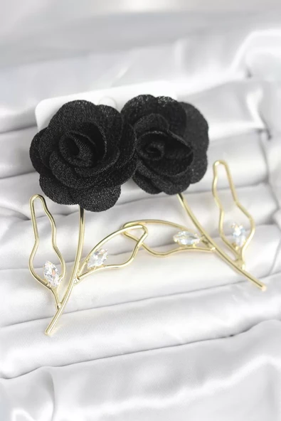 Pirinç Gold Renk Siyah Gül Model Kadın Küpe - TJ-BKP11369 ürün görseli 1