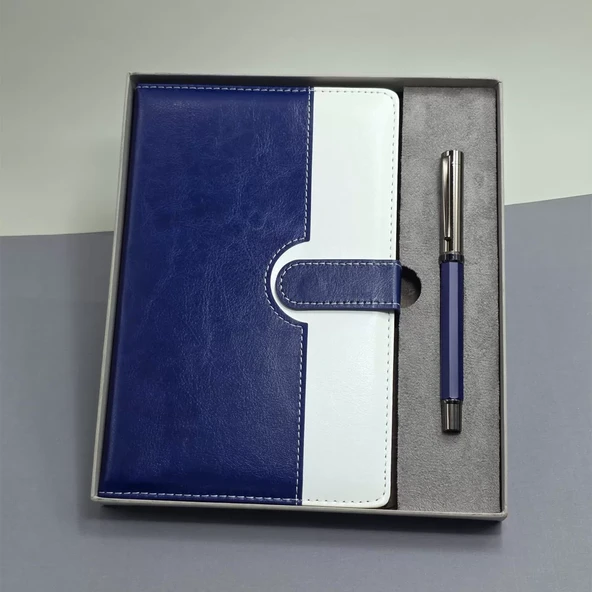 Mavi Beyaz Deri Kapaklı Defter Ve Metal Kalem Set ürün görseli 1