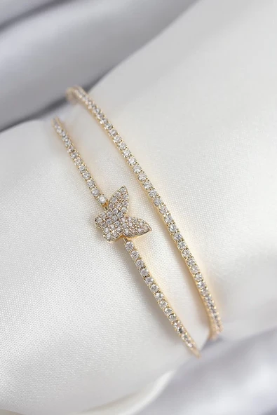 Pirinç Zirkon Taşlı Kelebek Model Gold Renk Kadın Bileklik - TJ-BB7891 ürün görseli 1