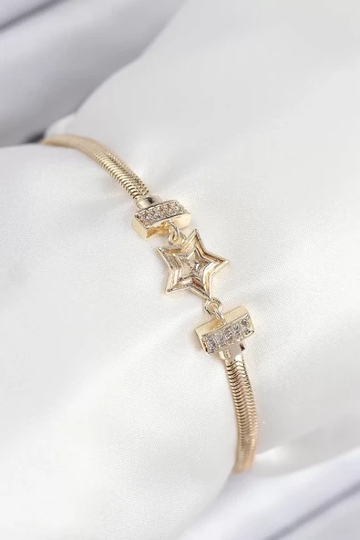 Pirinç Zirkon Taşlı Yıldız Model Gold Renk Kadın Bileklik - TJ-BB7903 ürün görseli 1