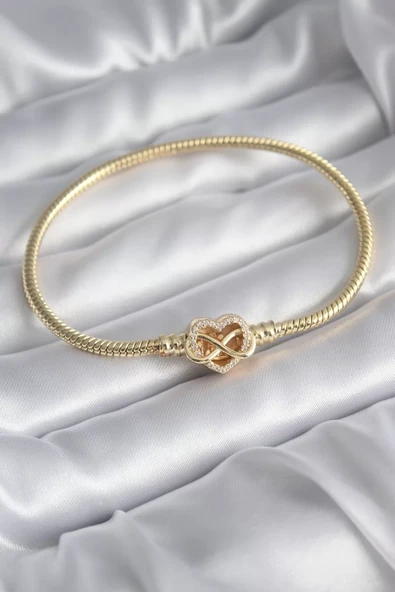 Pirinç Gold Renk Zirkon Taşlı Kalp Sonsuzluk Model Charm Kadın Bileklik - TJ-BB5797 ürün görseli 1