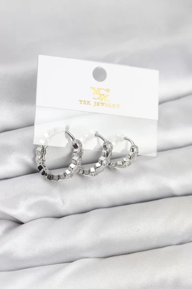 Pirinç Gümüş Renk Zirkon Taşlı Petek Halka Model YSX Trio Küpe Seti - TJ-BKP11567 ürün görseli 1