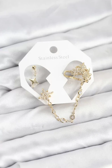 Kutup Yıldızı Model Pirinç Gold Renk Zincir Bağlantılı Ear Cuff Küpe Seti - TJ-BKP11550 ürün görseli 1