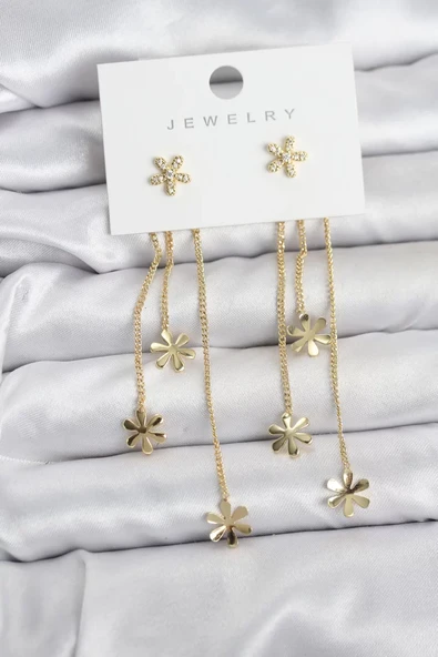 Papatya Model Gold Renk Pirinç Sallantılı Kadın Küpe - TJ-BKP11467 ürün görseli 1