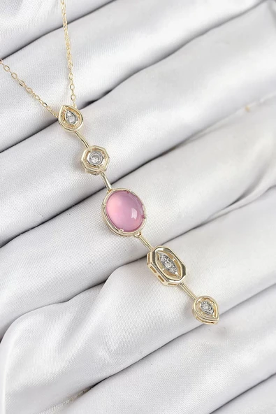 Pirinç Zincir Pembe Gold Renk Zirkon Taşlı Y Kolye - TJ-BKO10554 ürün görseli 1